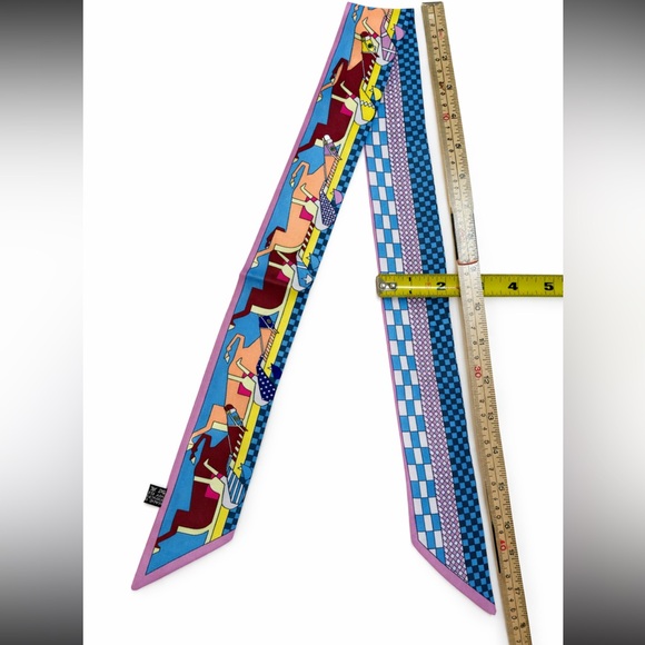 HORSE JOCKEY SKINNY SCARF BANDEAU BAG HANDLE WRAP CHECKERED PASTEL PURPLE PRINT - Picture 3 of 4